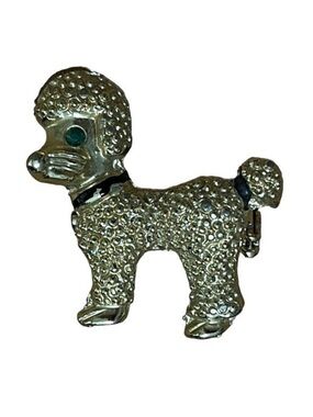 Vintage CCI Poodle Brooch Dog Pin Gold Tone Textured Green Gem Stone Eye Collar
